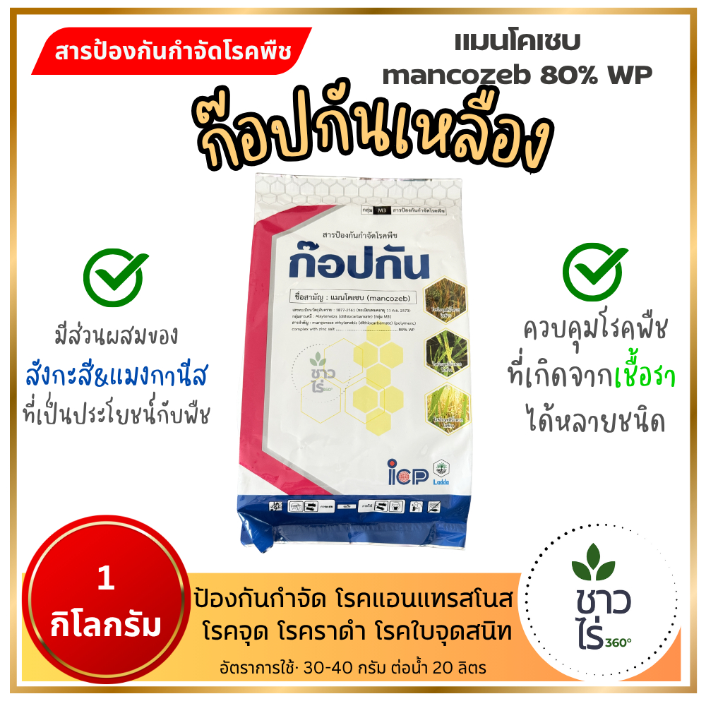 ก๊อปกัน เหลือง 1 กิโลกรัม ไอซีพีลัดดา ท็อปกัน แมนโคเซบ Mancozeb ป้องกันกำจัดรักษา แอนแทรสโนส โรคจุด ราดำ ใบจุดสนิท โรครา