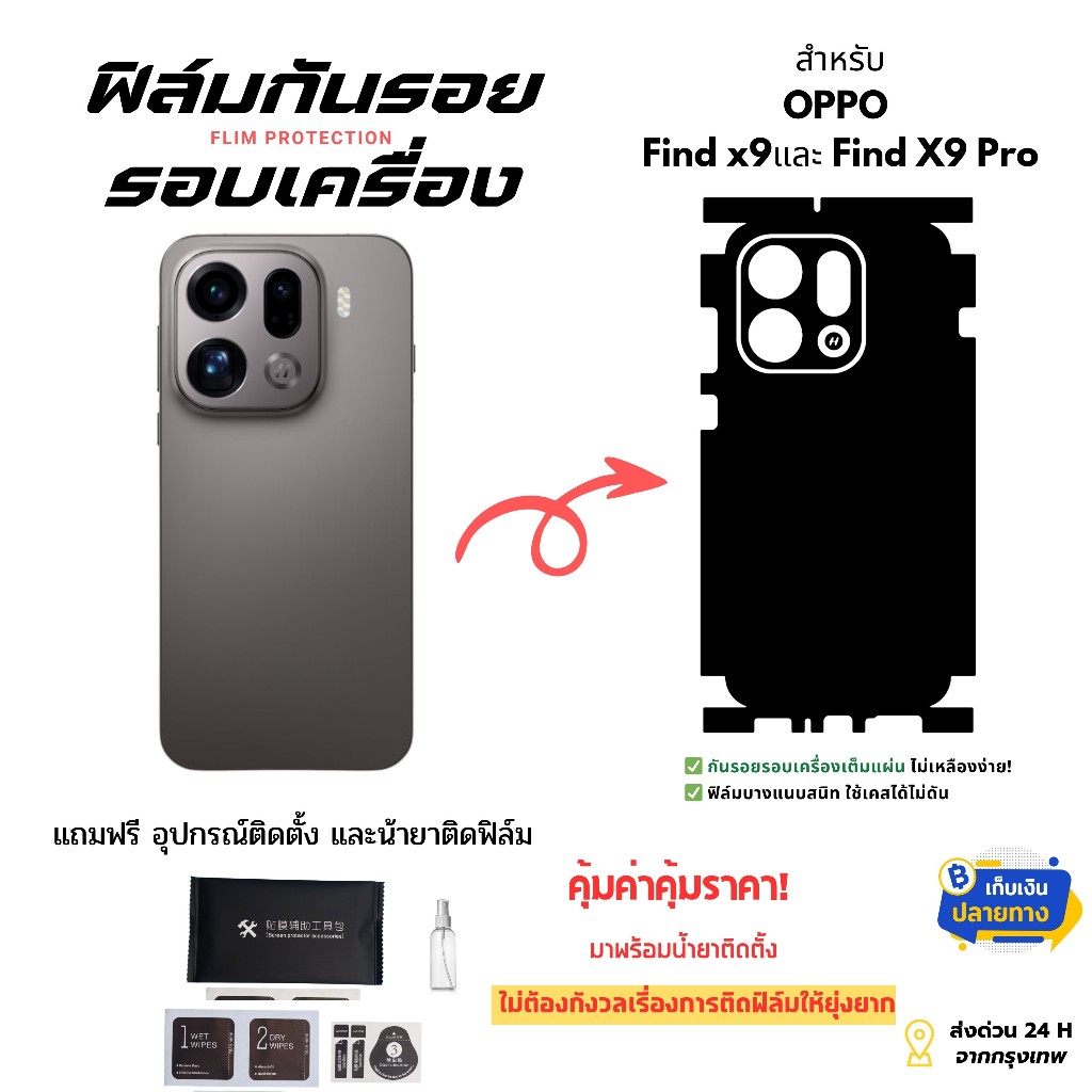 ฟิล์มกันรอยด้านหลังและขอบข้าง OPPO Find X9 / X9 Pro | ตัดตรงรุ่น ครอบคลุมรอบเครื่อง ปกป้องเต็มขั้น