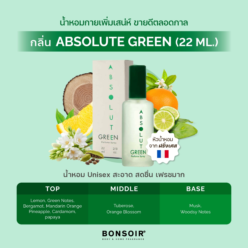 [ส่งตรงจากแบรนด์] น้ำหอม บองซัวร์ BONSOIR ABSOLUTE GREEN 22 ML Perfume แอ็ปโซลูท กรีน