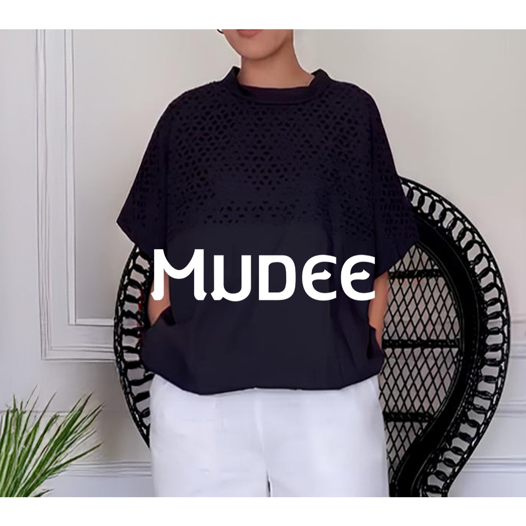 MUDEE เสื้อคอกลมแต่งลูกไม้ เอวจัมพ์ สีดำ