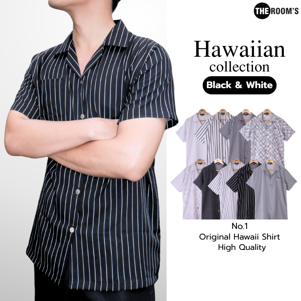 THE ROOM'S-เดอะรูม เสื้อฮาวาย เสื้อเชิ้ตแขนสั้น สีดำ สีขาว ไม่ต้องรีด ยับยาก ผ้านุ่ม ผ้าไหมเย็น