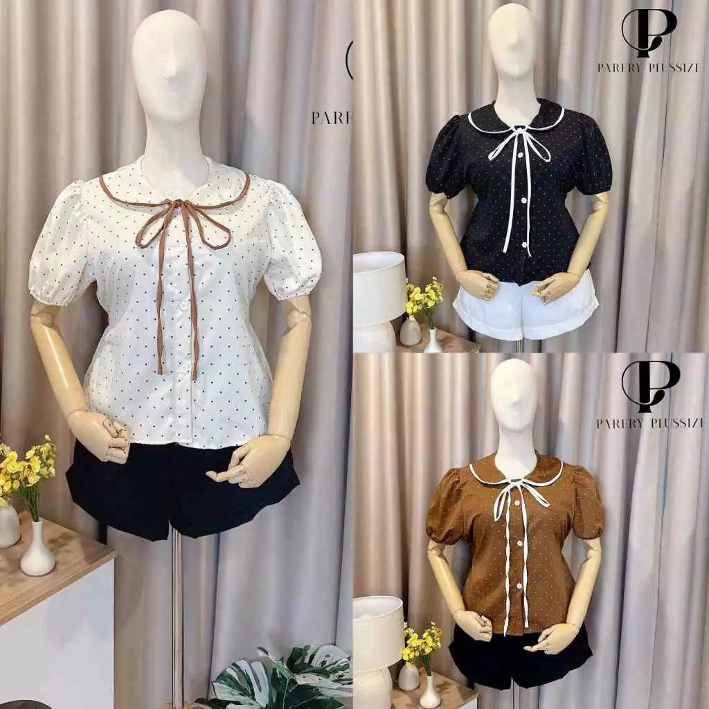 เสื้อลายจุดคอบัวสาวอวบอ้วน แต่งกระดุมหน้า ผ้าครัชลายจุด 2 ไซร์ 38-52" รุ่นT87