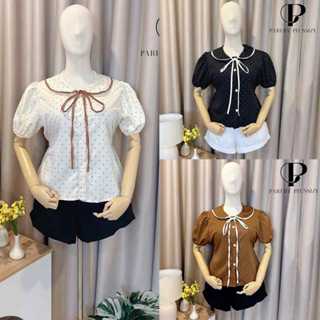 เสื้อลายจุดคอบัวสาวอวบอ้วน แต่งกระดุมหน้า ผ้าครัชลายจุด 2 ไซ…