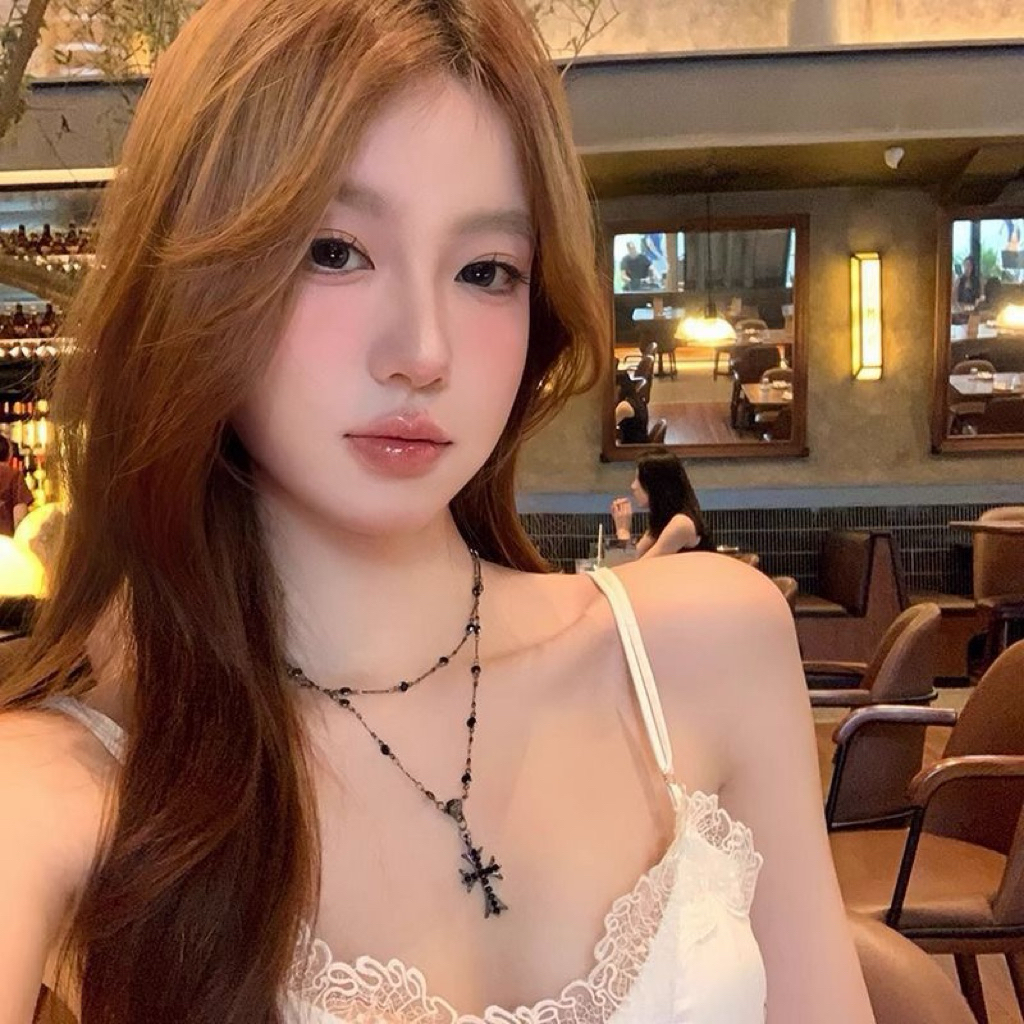 🖤✨BK-SET-2-01-2ชั้น พร้อมส่ง ส่งเร็ว 1-2 ถึง 🖤สร้อยคอ Jushi สร้อยไม้กางเขน สีดำ สายคอสายฝอ 🖤