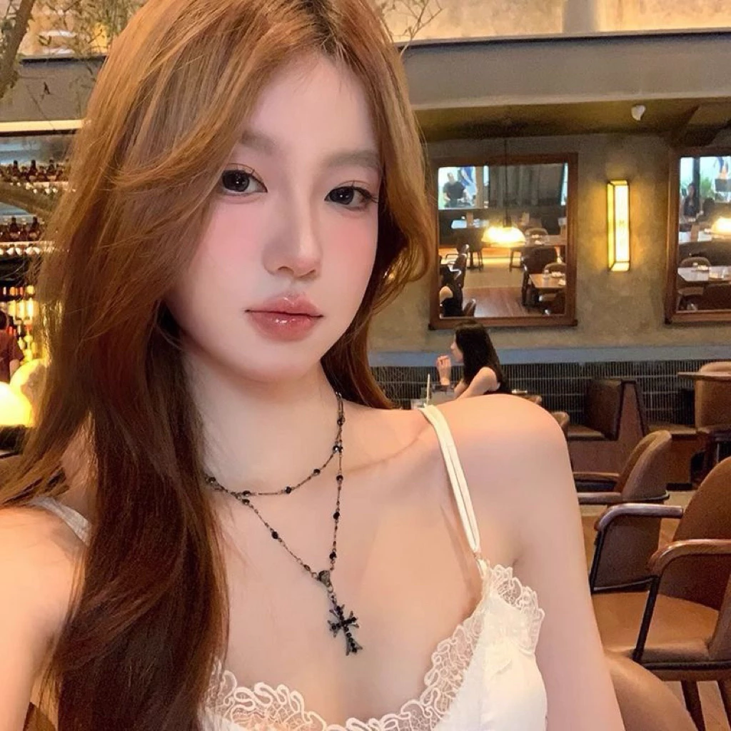 🖤✨BK-SET-2-01-2ชั้น พร้อมส่ง ส่งเร็ว 1-2 ถึง 🖤สร้อยคอ Jushi สร้อยไม้กางเขน สีดำ สายคอสายฝอ 🖤