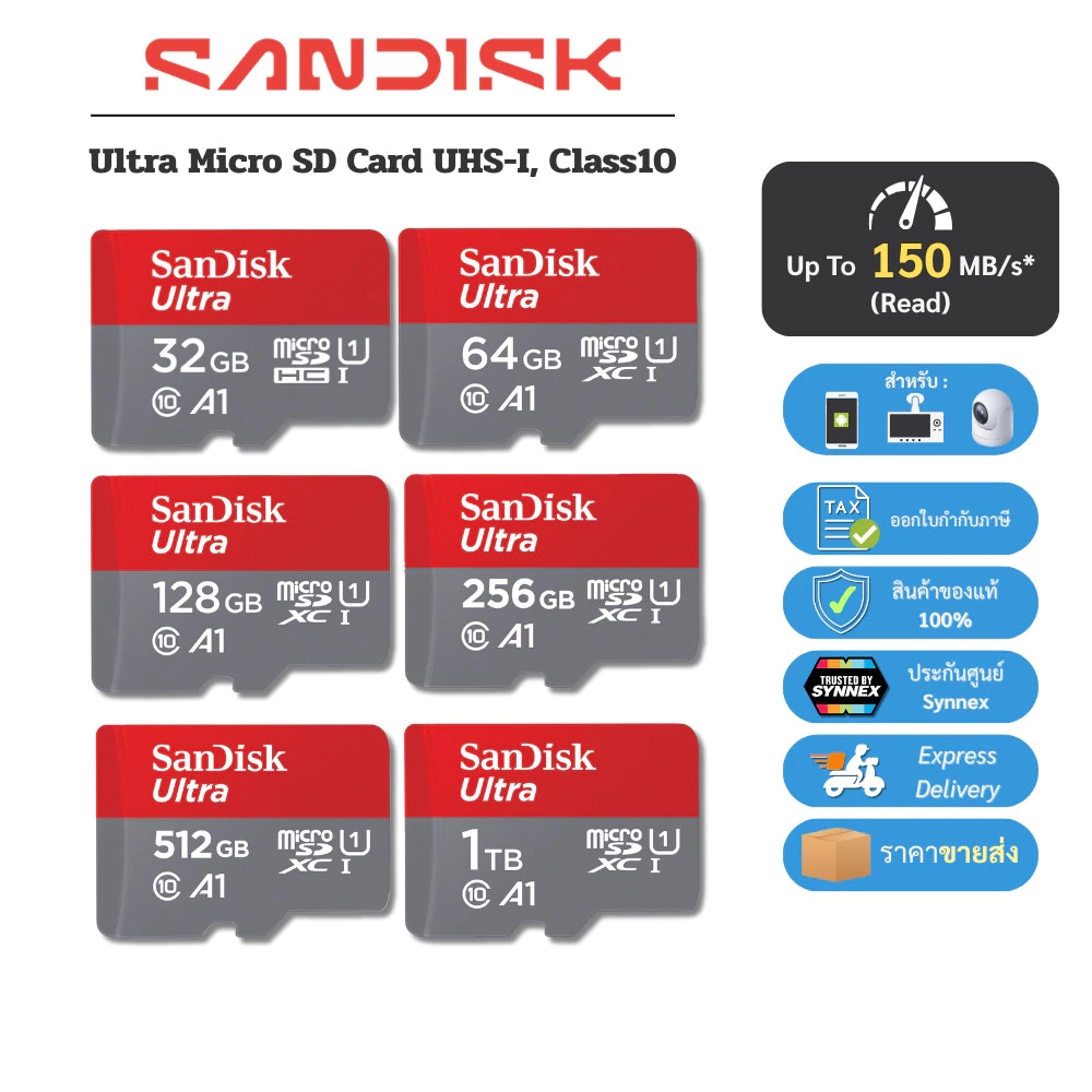 (ส่งด่วน) SANDISK Micro SDcard Ultra 32GB/64GB/128GB A1 UHS-I U1 memory card โทรศัพท์ แท็บเล็ต