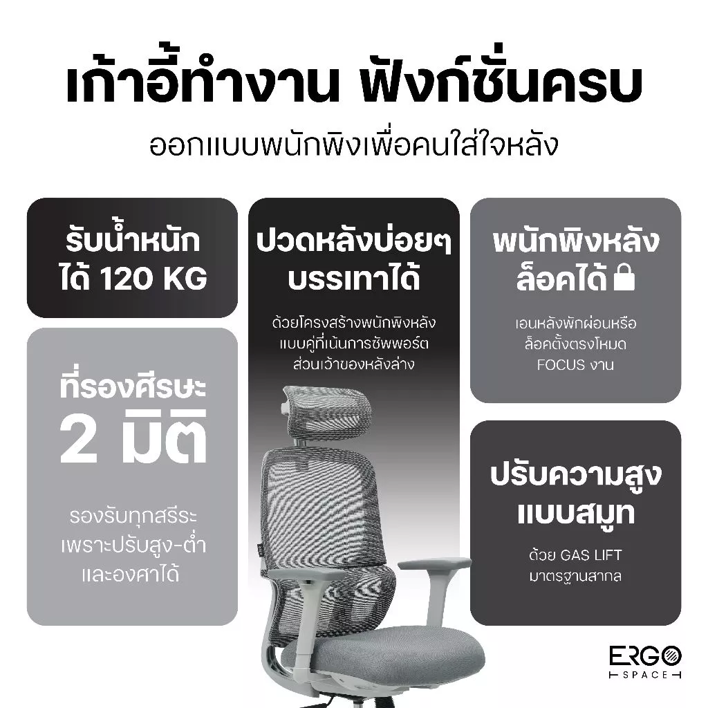 ErgoSpace เก้าอี้ทำงาน รุ่น จูปิเตอร์ Ergonomic chair เบาะเมมแท้ ที่รองหลังขนาดใหญ่สำหรับคนปวดหลัง thumbnail 3