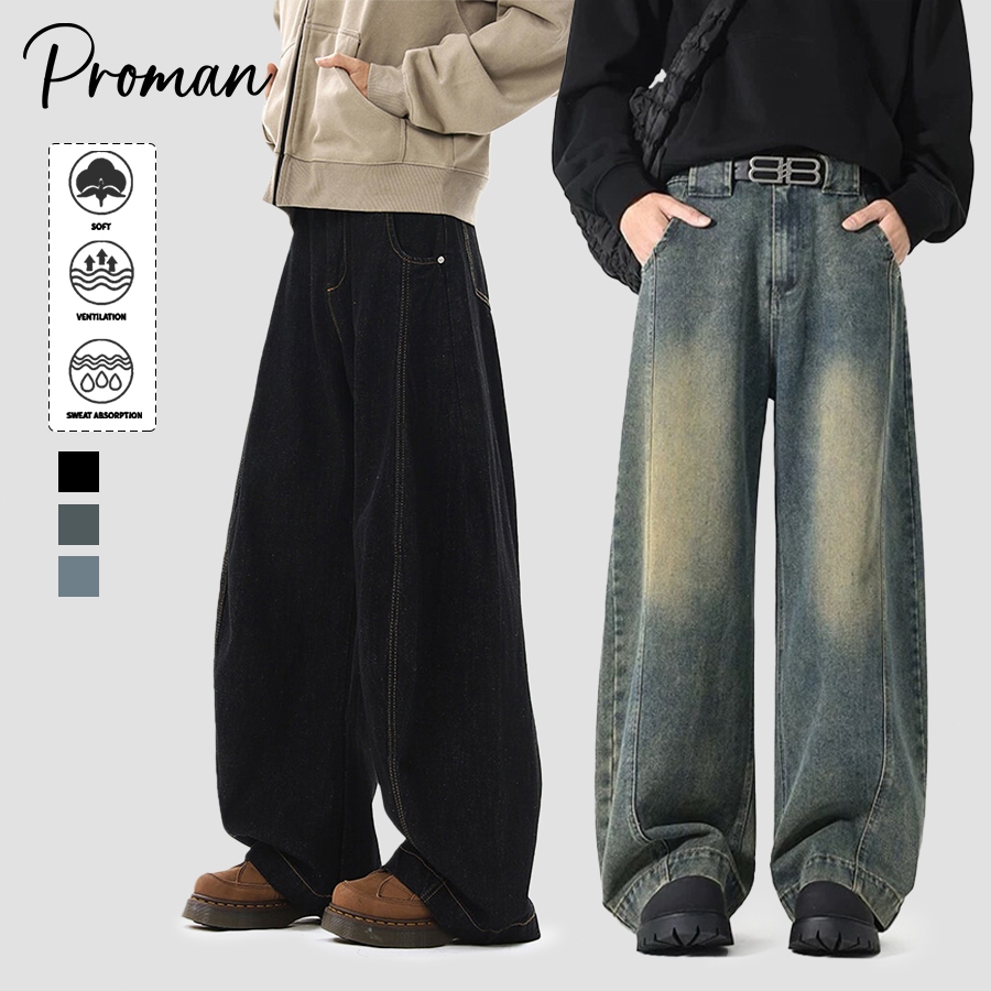 PROMAN กางเกงยีนส์ผ้าสักหลาดชาย ขาอ่อน สไตล์วินเทจอเมริกัน ยูนิเซ็กส์ แฟชั่นสวมใส่ง่าย