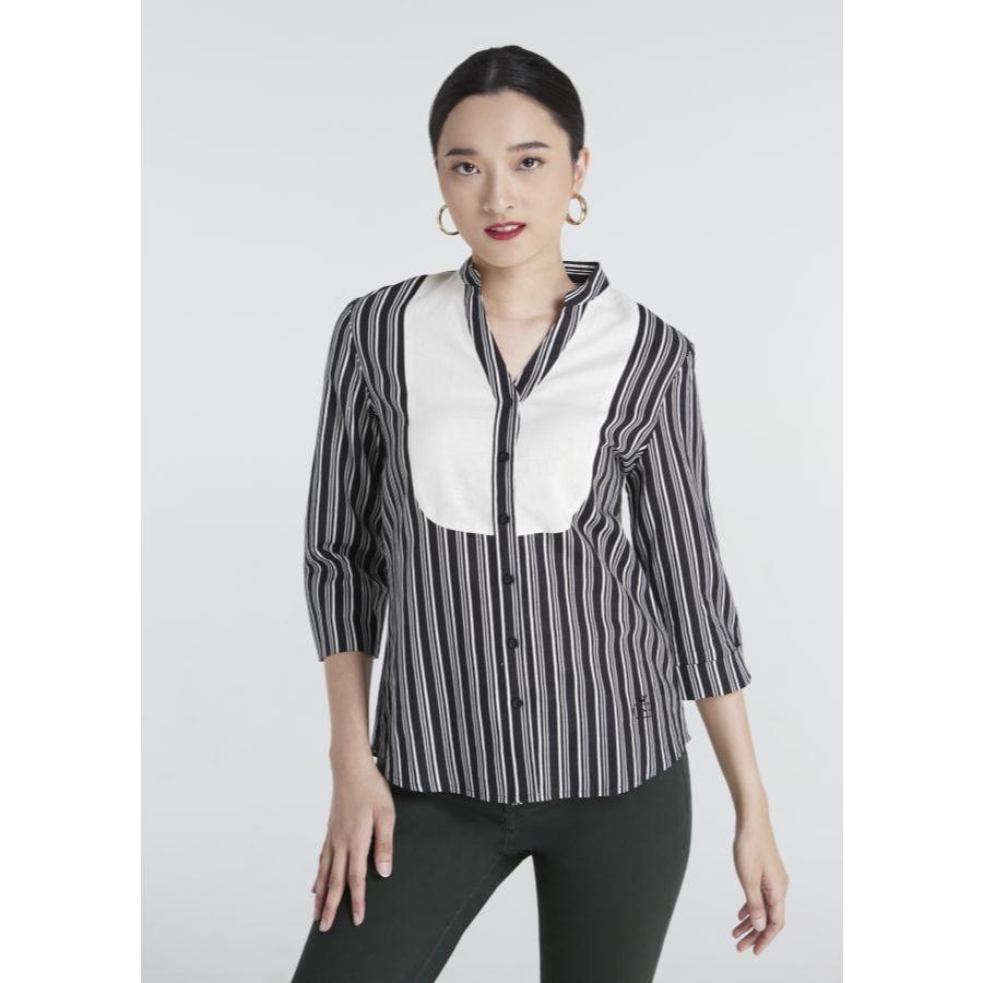 GSP จีเอสพี เสื้อคอจีน ผ้าลินิน แขนสี่ส่วน ลายทางสีดำสลับขาว PO1SBL