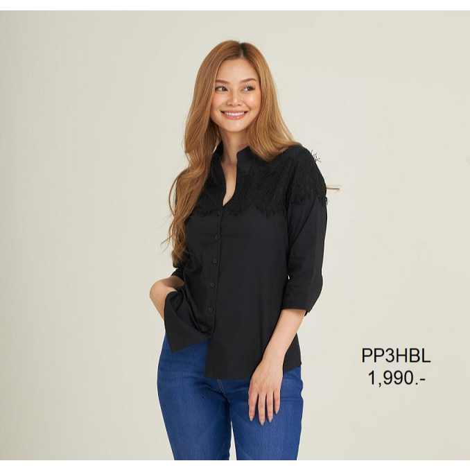 GSP จีเอสพี เสื้อคอจีน สีดำ ผ้าคอตตอน แต่งลูกไม้บริเวณหน้าอก PP3HBL