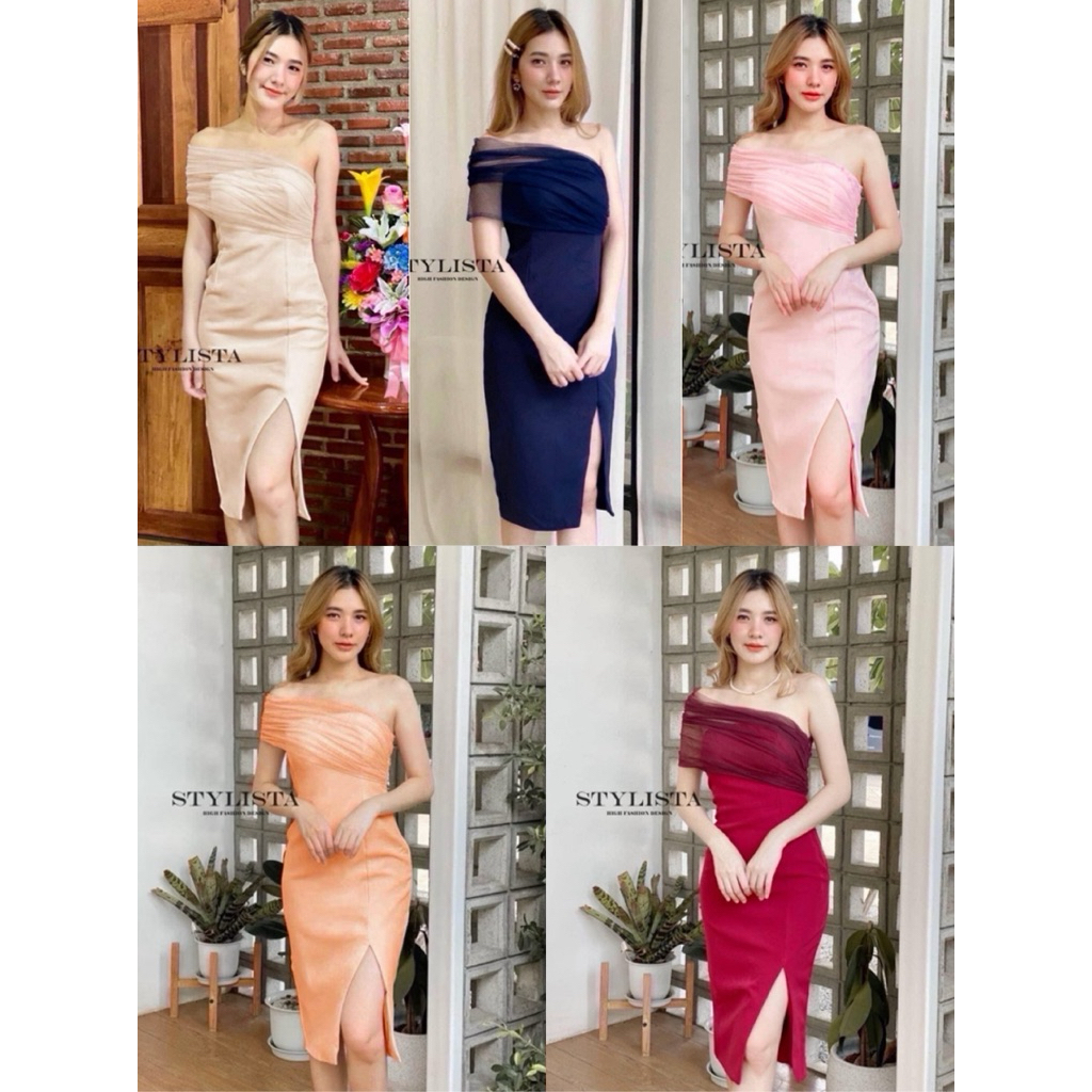 เดรสชุดราตรี งานไหล่เฉียง ไหล่แต่งผ้ามุ้ง ชุดเดรสผู้หญิง ชุดออกงาน แหวกหน้า เข้ารูปสวย ผ้าซาร่า ใส่สบาย พร้อมส่ง