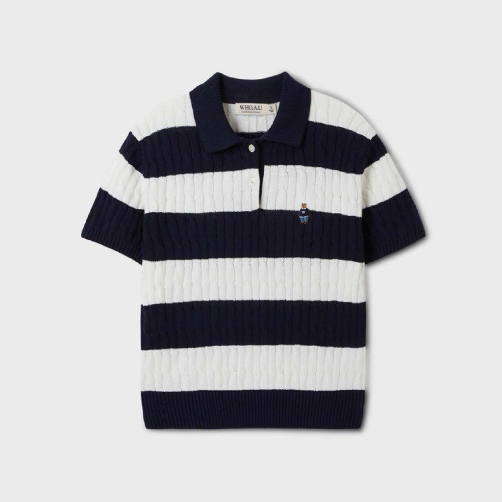 WHO.A.U Polo Shirt เสื้อโปโลลายขวางสีขาว/ฟ้า ผ้ายืดได้เยอะ ปักโลโก้หมี