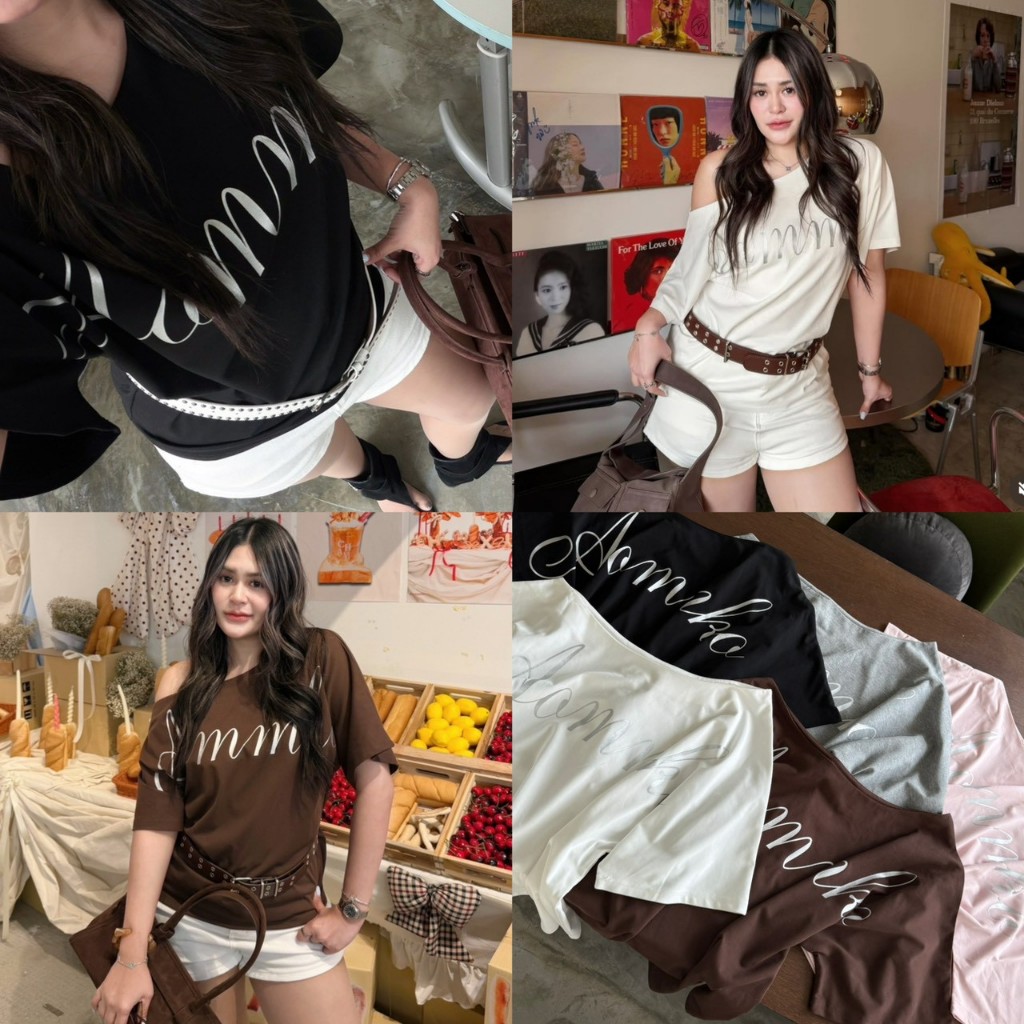 Lena Top เสื้อปาดไหล่สกรีนกริตเตอร์ (ผ้าCotton) Size M-L  AOMMKOSHOP - S99