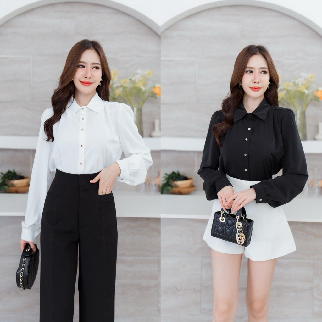เสื้อเชิ้ตผู้หญิง เสื้อทำงานเนื้อผ้าเกาหลี เบาใส่สบาย เสื้อแขนยาว