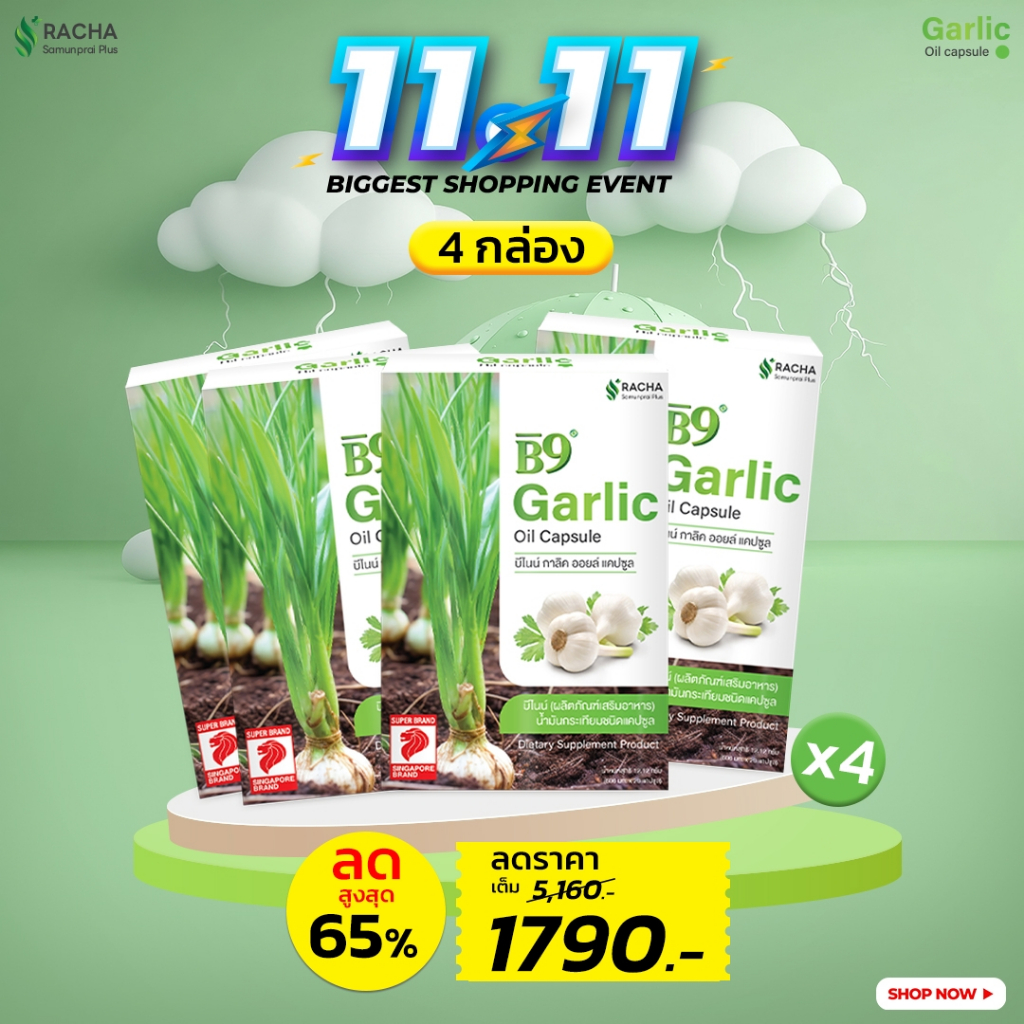 B9 บีไนน์น้ำมันกระเทียมสกัดเข้มข้น 4 กล่อง ลดคอเลสเตอรอล ลดไขมัน เบาหวาน