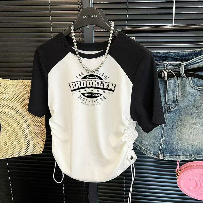 เสื้อครอปสาวอวบน่ารักๆ oversize เสื้อผ้าวัยรุ่ไซส์ใหญ่ เสื้อยืดสวยๆผู้หญิงแฟชั่นสไตล์เกาหลี ด้านข้างติดเชือก ปรับความยาว