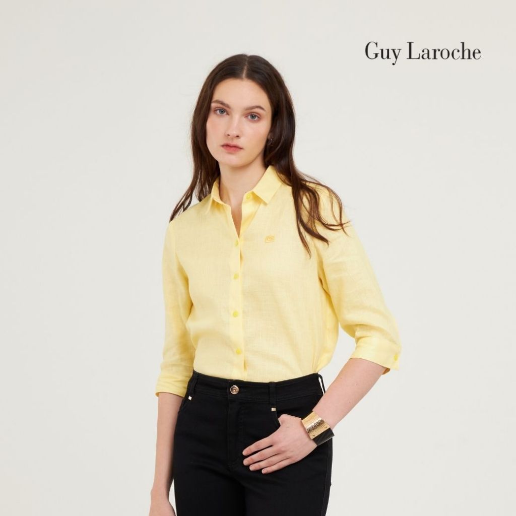 Guy laroche เสื้อเชิ้ตผู้หญิง Light Linen แขนสามส่วน สีเหลืองอ่อน G9U1YE