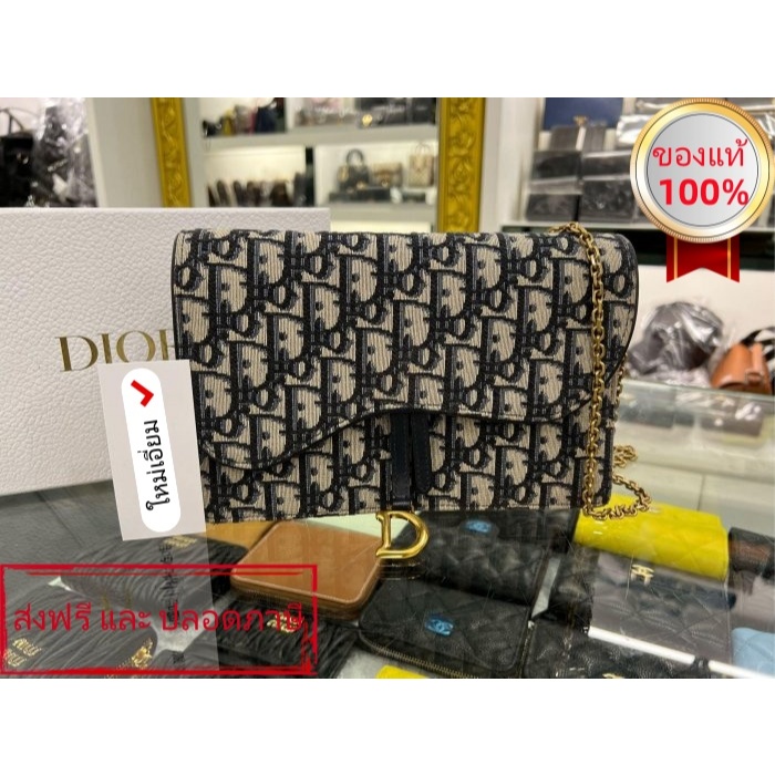 Dior WOC สีน้ำเงินลาย Oblique กระดุม-สายโซ่ทอง ฝาพับ ดีไซน์ Saddle สะพายเฉียง/ถือ รุ่น RZ5628