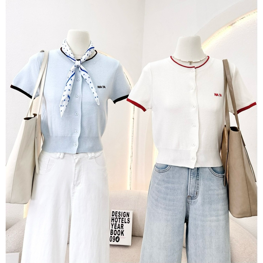 WA YA เสื้อคอกลมผ้าไหมพรมขอบทูโทน