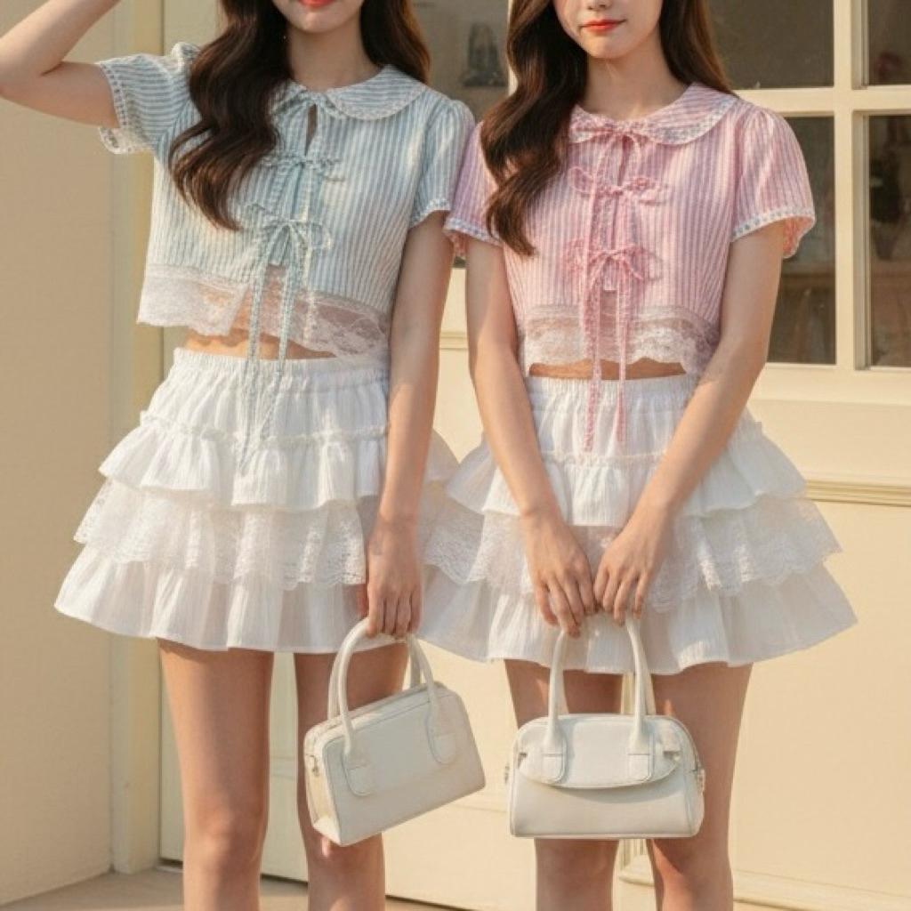 🌸OVP🌸 เสื้อคอบัวลายริ้ว สีพาสเทล แต่งเชือกผูกโบว์หน้า