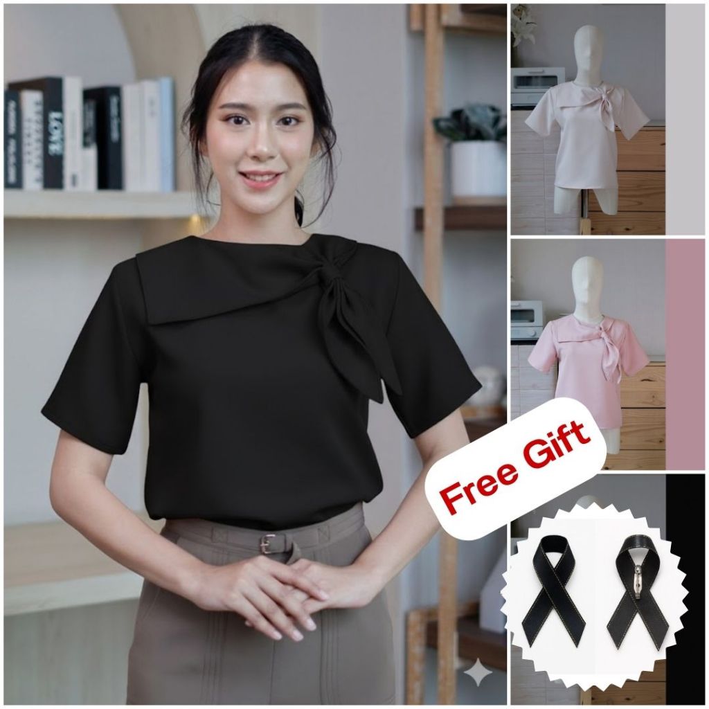E12 เสื้อทํางานผู้หญิง แขนสั้น แต่งโบว์ผูก เสื้อยืด แฟชั่น สไตล์มินิมอล ทรงน่ารักมาก Easter Egg