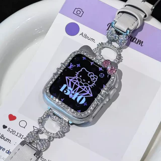 สายหนังประดับเพชร Sparkling Cat เข้ากันได้กับ iWatch S11/10/9/8/7/6/5/4/3/2/1/se Ultra 49mm/46/45/44/42/41/40/38mm