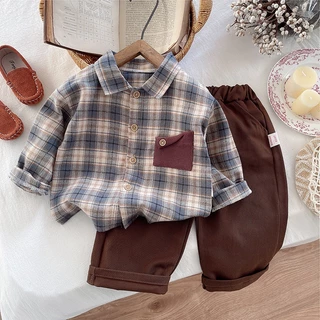 MooDeng Baby เซ็ตแขนยาว ปักลาย คอปก ลายสก็อต 2 สีเทา สีกรม เซท 2 ชิ้น เสื้อแขนยาว+ กางเกงขายาว ใส่เที่ยว ชุดเซทสุดเท่