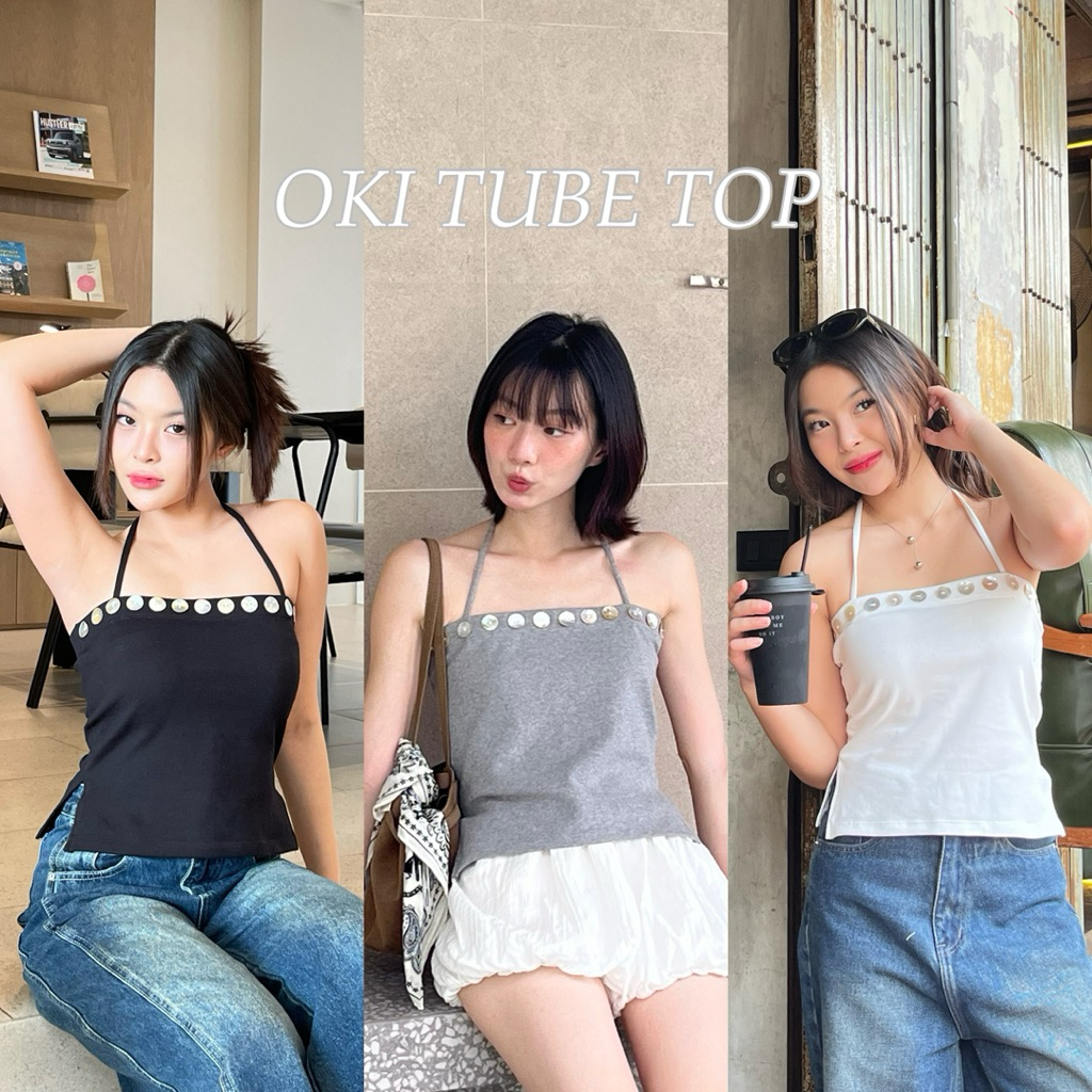 OKI TUBE TOP - เสื้อเกาะอกดีเทลติดกระดุมเปลือกหอย (nita.bkk)