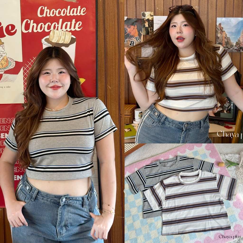 /LD/ เสื้อครอปลายริ้ว มีไซส์อก38-52 งานมินิมอล สุดฮิต แมทช์ง่าย #เสื้อไซส์ใหญ่ พลัสไซส์