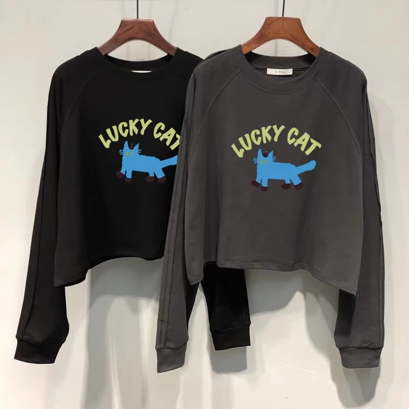 เสื้อครอปแขนยาวสีดำ oversize เสื้อผ้าแฟชั่นสาวอวบนอ้วนไซส์ใหญ่ 100 กิโล เสื้อยืดลายการ์ตูนผู้หญิงสไตล์เกาหลี สตรีทวินเทจ thumbnail 4