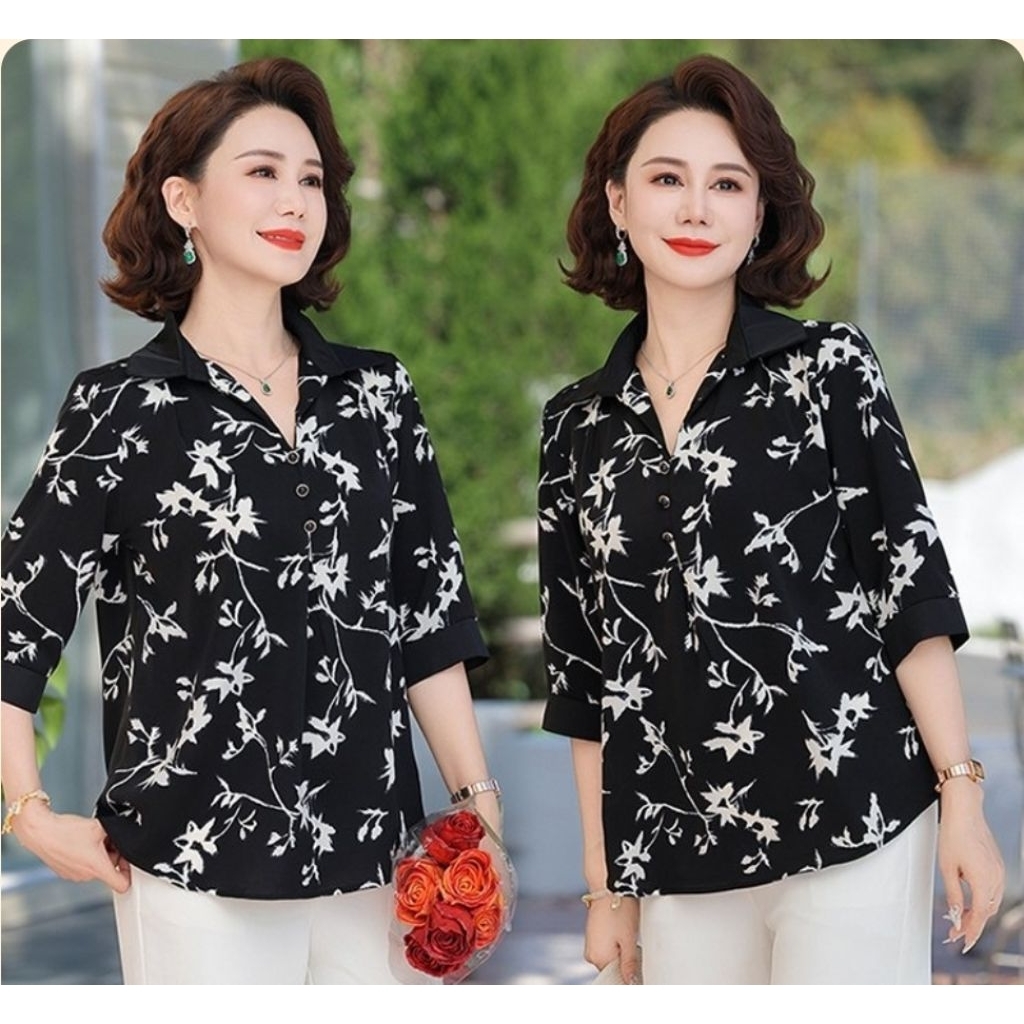เสื้อคุณผู้หญิงแขนสามส่วน ผ้าชีฟองเกาหลีเนื้อนิ่ม เนื้อเนียนลายทาง โทนสีสวยใส่สบายมาก#พร้อมส่ง#ราคาพิเศษ#เชิ้ตผู้ใหญ่