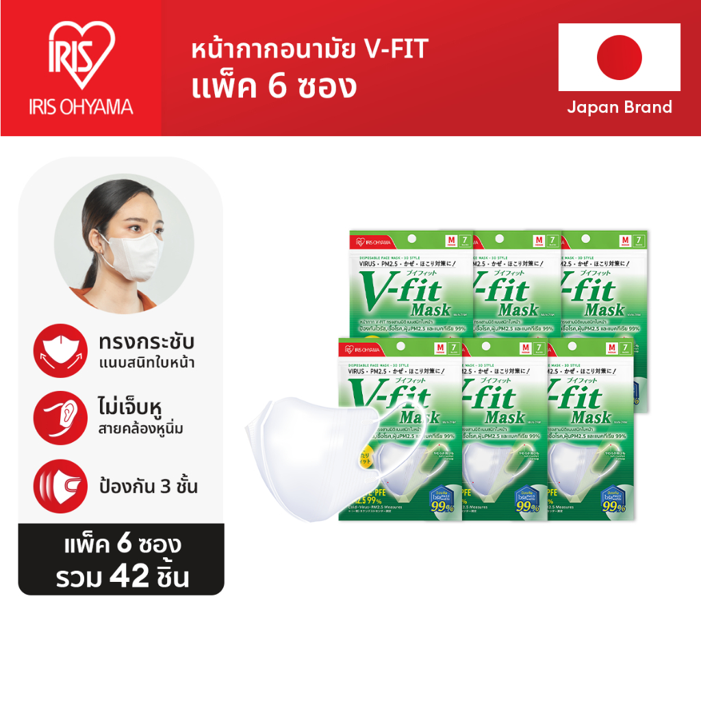 IRIS OHYAMA ไอริส โอยามะ หน้ากากอนามัย V-fit สวมใส่สบาย กระชับใบหน้า ป้องกันเชื้อไวรัส VFE และฝุ่น 2.5PM แบบซอง 7 ชิ้น 6