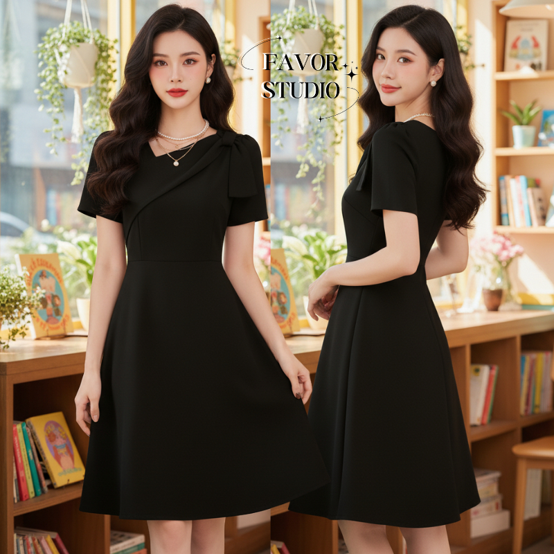 【S-5XL】 เดรสแฟชั่นสไตล์เกาหลี ทรง A-Line เข้ารูปช่วงเอว แต่งโบว์ไหล่สวยงาม ชุดออกงาน เดรสพลัสไซซ์