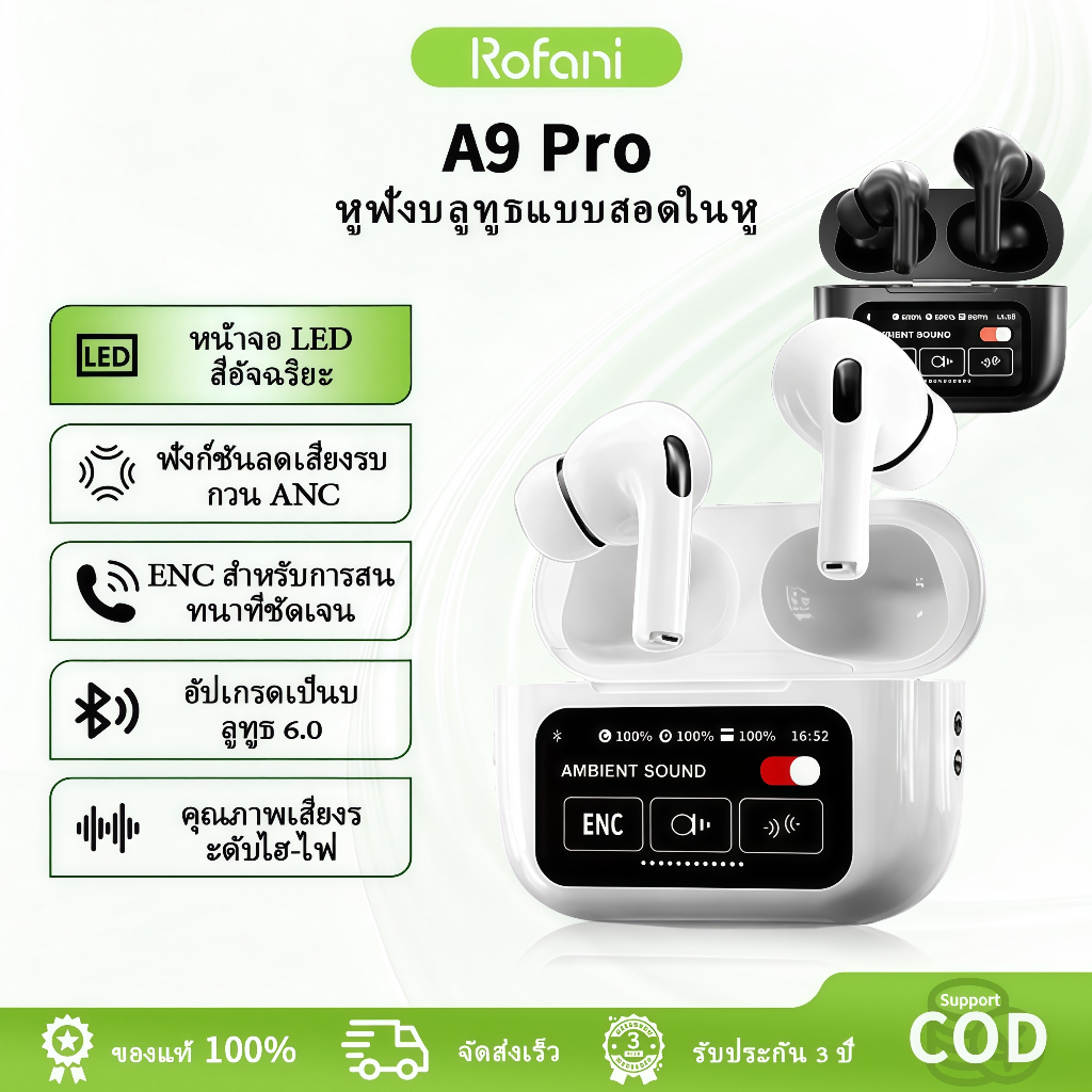 Rofani A9 Pro TWS หูฟังไร้สาย หูฟังบลูทูธ Bluetooth 6.0 ลดเสียงรบกวน คุณภาพเสียง HI-FI ระบบเสียงรอบทิศทาง