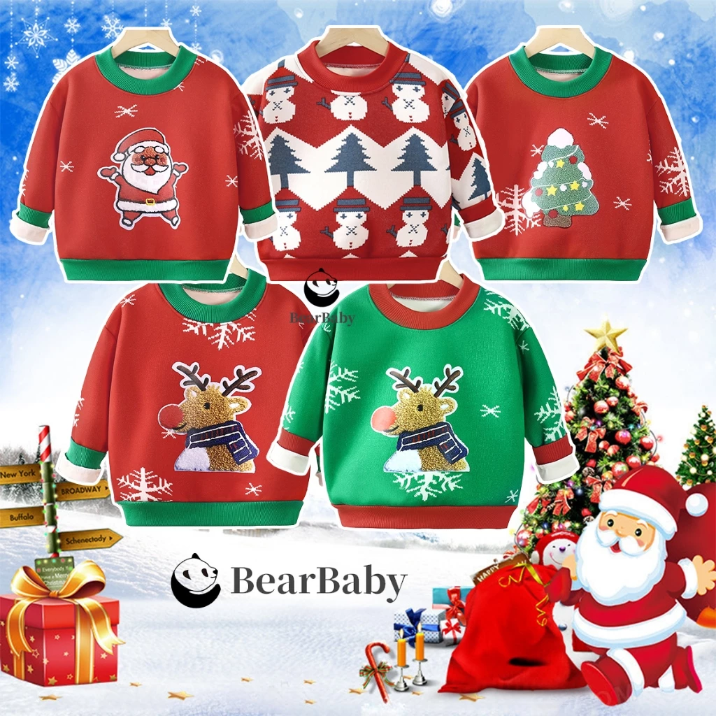 BEAR BABY เสื้อกันหนาวเด็ก สเวตเตอร์คอกลมเด็ก ผ้านุ่มๆ พิมพ์ลายคริสมาร์ส พร้อมส่ง ไซส์80-150