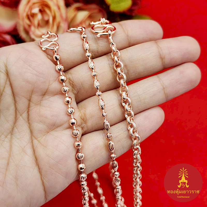 สร้อยคอนาก สีพิ้งค์โกลด์ โรสโกลด์ ความยาว 24 นิ้ว ลายลูกโลกสลับเม็ดจีบ เม็ดจีบรี ห่วงกลมตัดลาย งานชุบ ดีไซน์สวย แฟชั่น