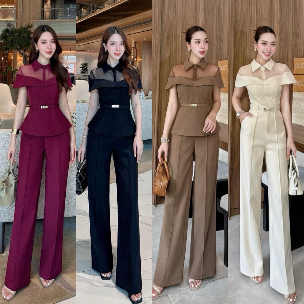 พร้อมส่ง•LA LA BELLE• เซต3ชิ้นเสื้อคอปกซิปหลังซีทูผ้าตาข่ายลายจุดนิ่มๆ+ กางเกงขายาวตีเกล็ดหน้าผ้าสูทอัดกาว+เข็มขัด