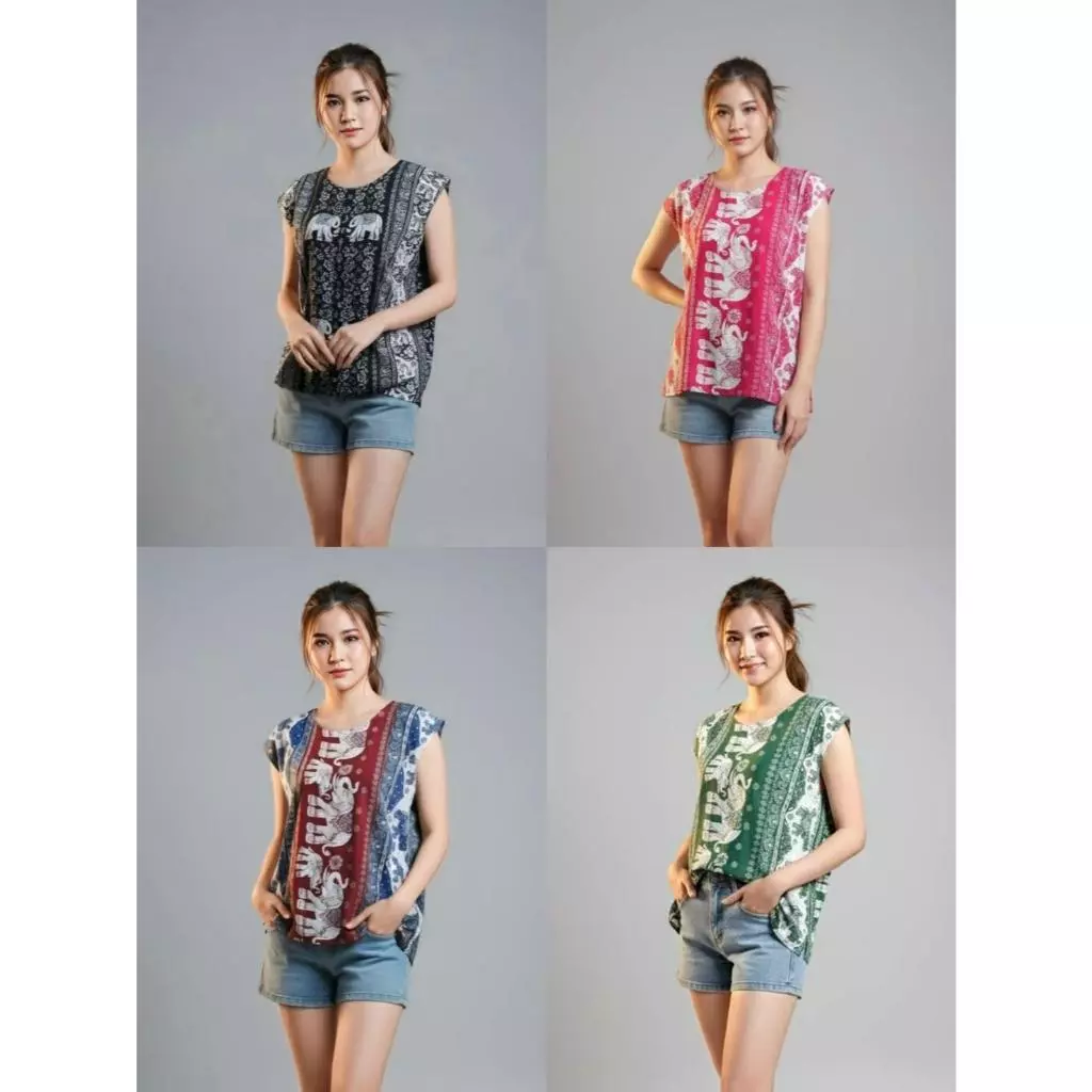 เสื้อลายช้างแขนล้ำลายช้าง อก 42 นิ้ว งานผ้าสปัน Lady