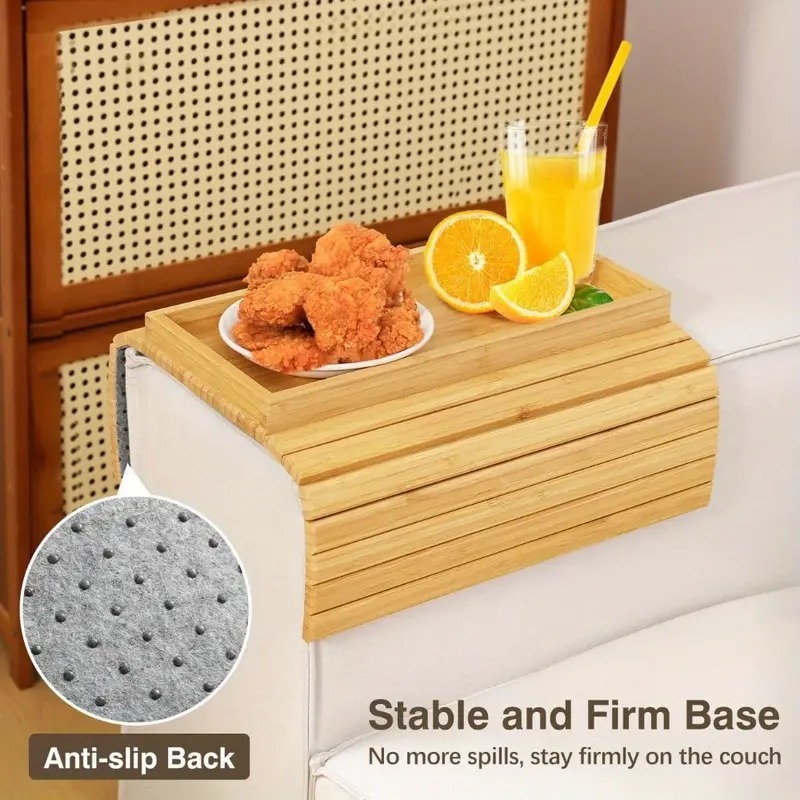 Foldable Sofa Tray Table - No Assembly Needed, Non-Slip Cup Holder & Surface, Lightweight Bamboo-lik