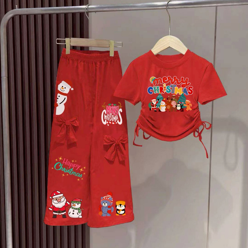 ชุดเซ็ดเด็กผู้หญิงคริสต์มาส เสื้อเชือกผูกโบว์ข้าว+กางเกงขายาวแต่งโบว์ รุ่น3943