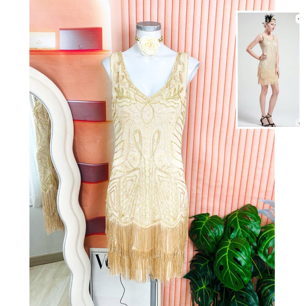 ไซด์ L/XL/XXL แบรนด์ Babeyond แท้100% แกสบี้ แต่งตุ้งติ้ง 2 ชั้น Gatsby งานเกล็ดวิบวับ สีครีม ชุดราตรีแกสบี้ ปาร์ตี้