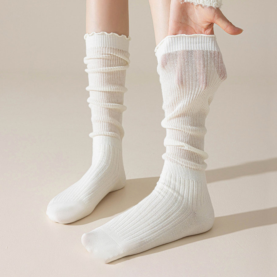 ⭐ส่งใน24ชม🧦ถุงเท้า JK สไตล์เกาหลี ถุงเท้าตาข่ายคอตตอนแท้เหนือเข่า แต่งระบาย ทันสมัย ​​น้ำหนักเบา