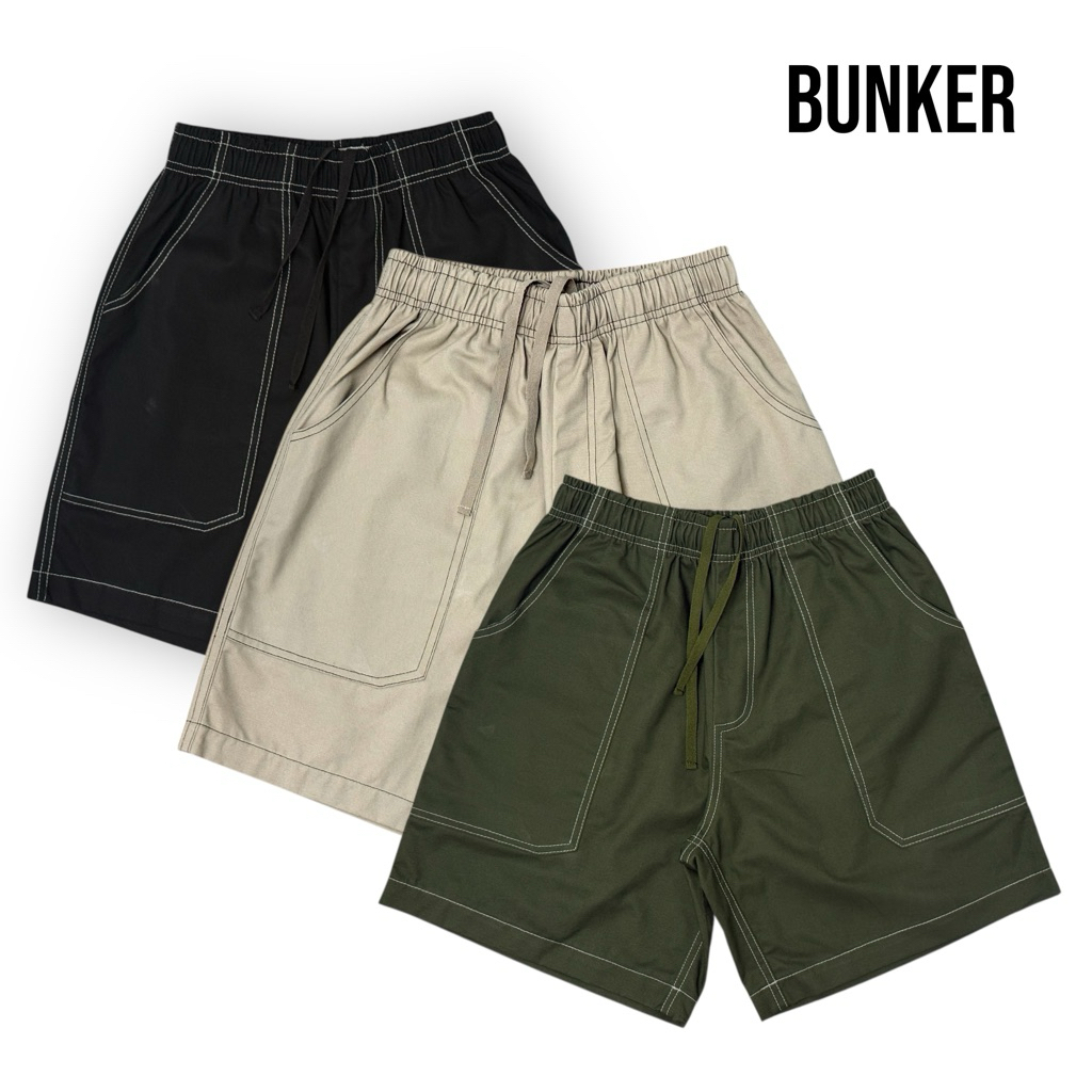Bunker กางเกงขาสั้น วินเทจ ขากว้าง ทรงหลวม เอวยางยืด ผ้า Cotton 100% แท้ ใส่สบาย