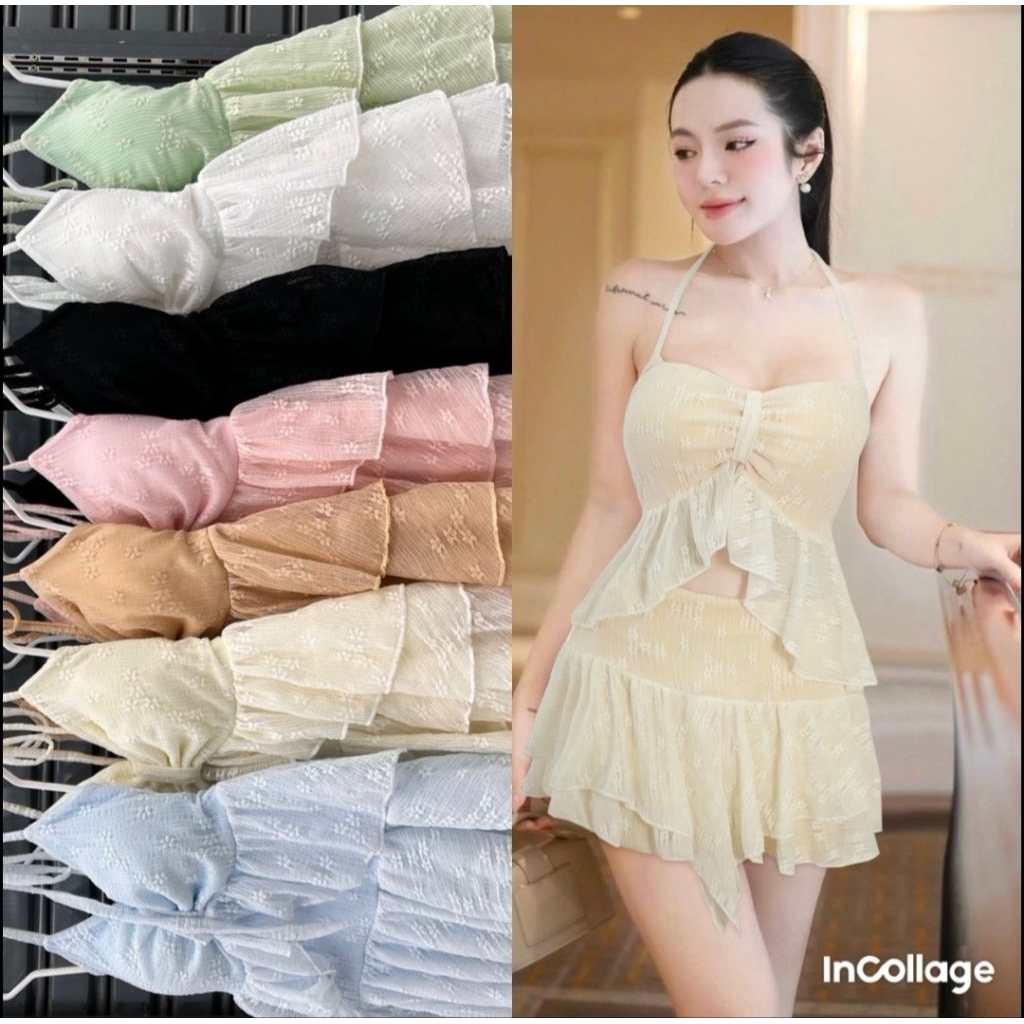 W.ชุดเซต 2ชิ้น เซตผูกคอเสื้อแต่งระบายกระโปรงระบาย 2ชั้นผ้าซีทรูพิมพ์ลายดอกไม้