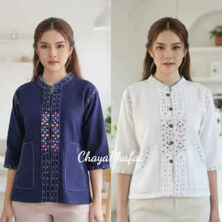 เสื้อผ้าฝ้ายคอจีนแขนสามส่วนปักลายดอกแก้ว