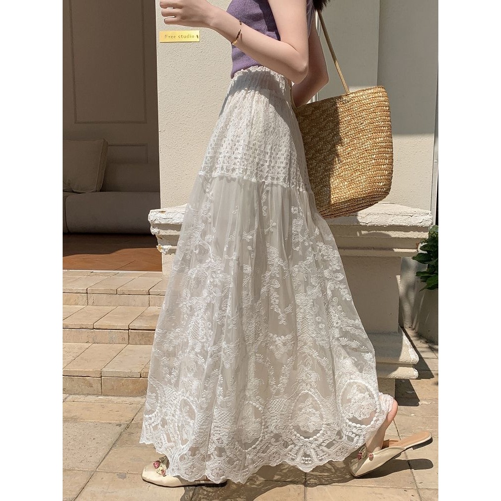[Sheing office]🌟พร้อมส่ง🌟กระโปรงยาวลูกไม้เอวสูงสำหรับผู้หญิง กระโปรงยาวคลุมเข่าผ้าตาข่ายสีขาว