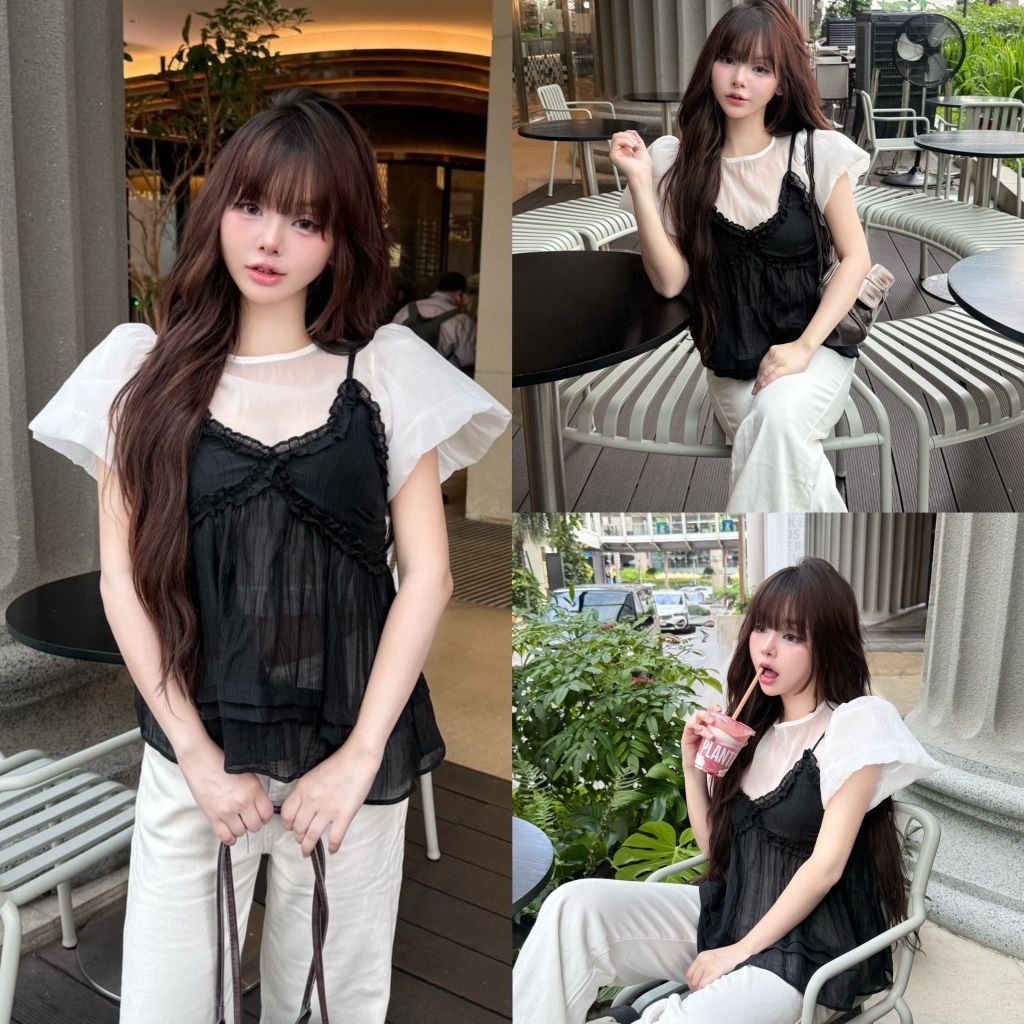 Nicha : เสื้อสายเดี่ยวตัวยาว แต่งขอบระบายช่วงอกและชายเสื้อ สายปรับได้