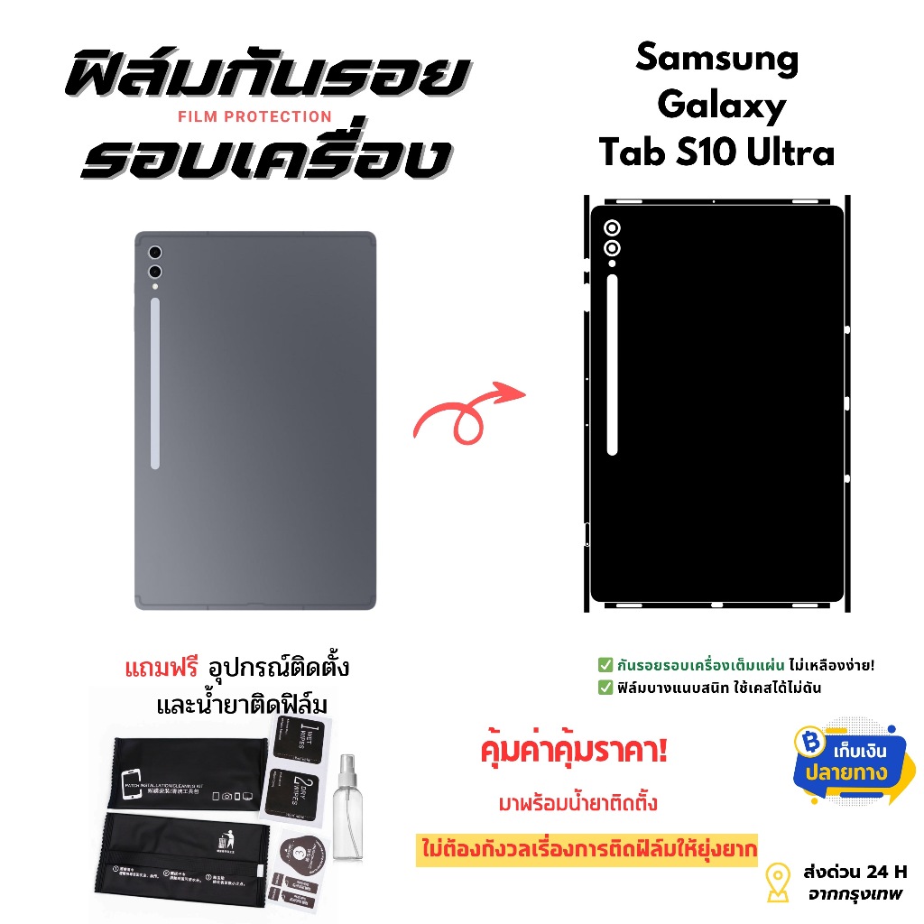 ฟิล์มกันรอยด้านหลังและขอบข้าง Samsung Galaxy Tab S10 Ultra 5G |ครอบคลุมรอบเครื่อง ป้องกันรอยเต็มขั้น