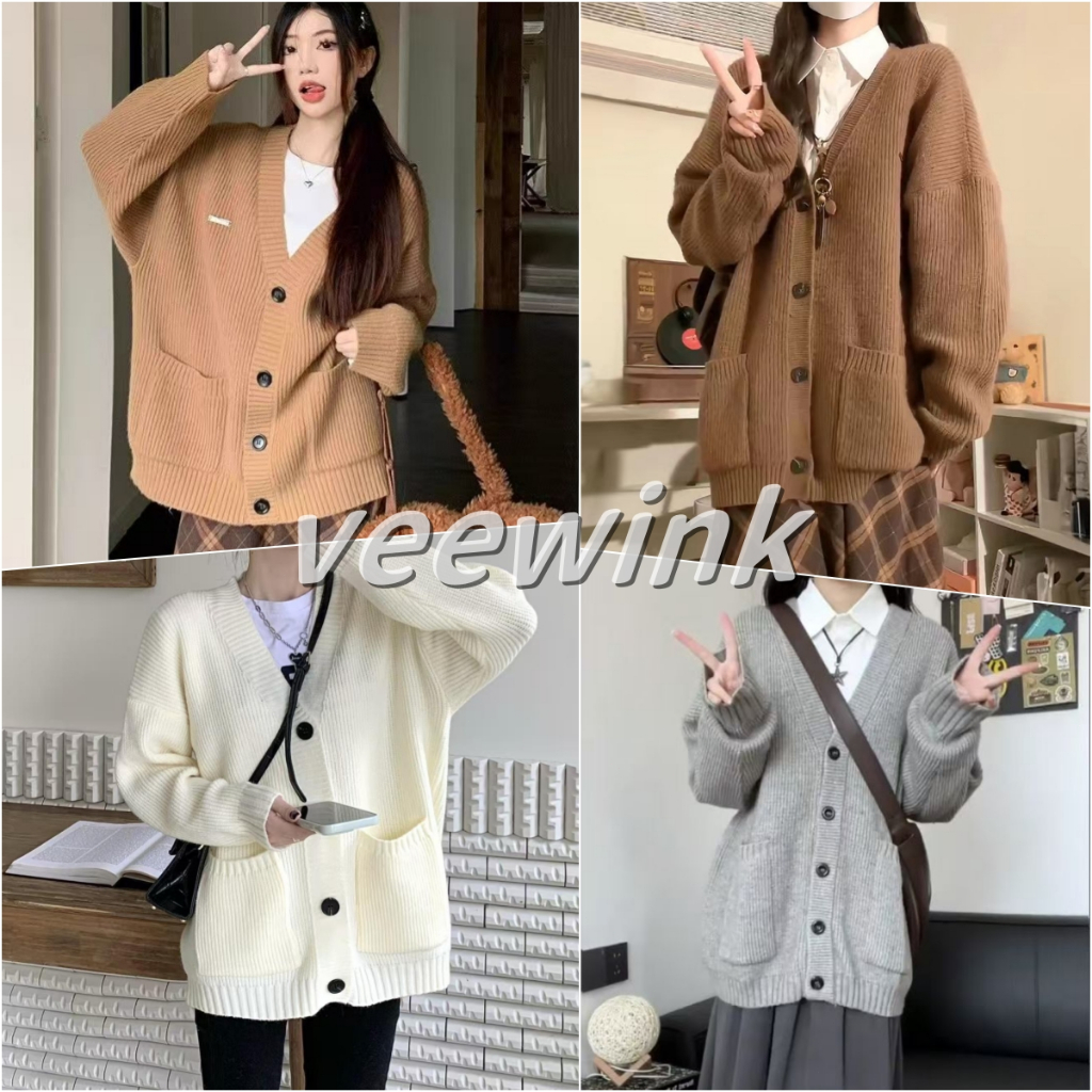 Veewink พร้อมส่งจากกทม เสื้อกันหนาวคาร์ดิแกน คอวี ผ้าถัก สีพื้น เรียบแต่เก๋ สามมิติ แฟชั่นฤดูใบไม้ผลิ สําหรับผู้หญิง