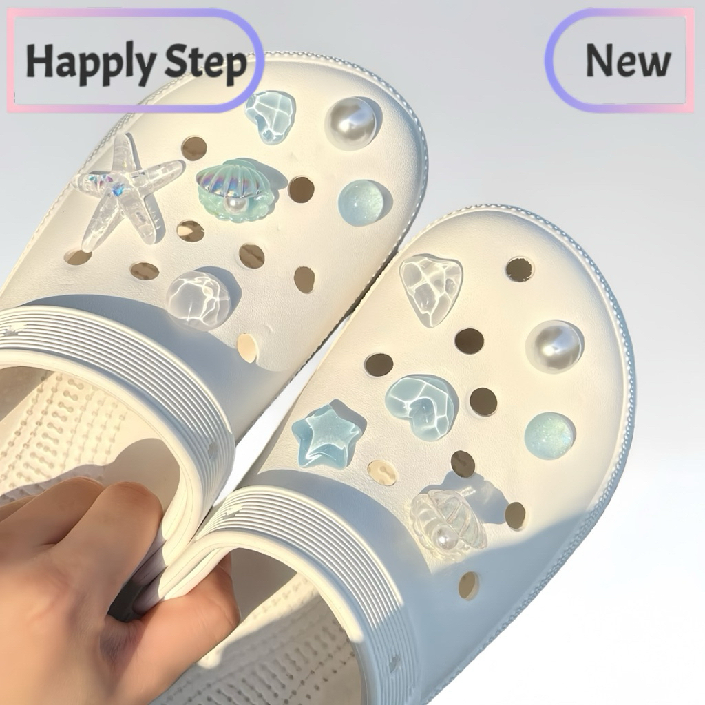 Happy Step 12ชิ้น/เซ็ต C7ลายหอยทะเล(ทะเล) งานเรซิ่น อุปกรณ์ใส อุปกรณ์เสริมรองเท้า สินค้าพร้อมส่งจากไทย (เฉพาะตัวติด）